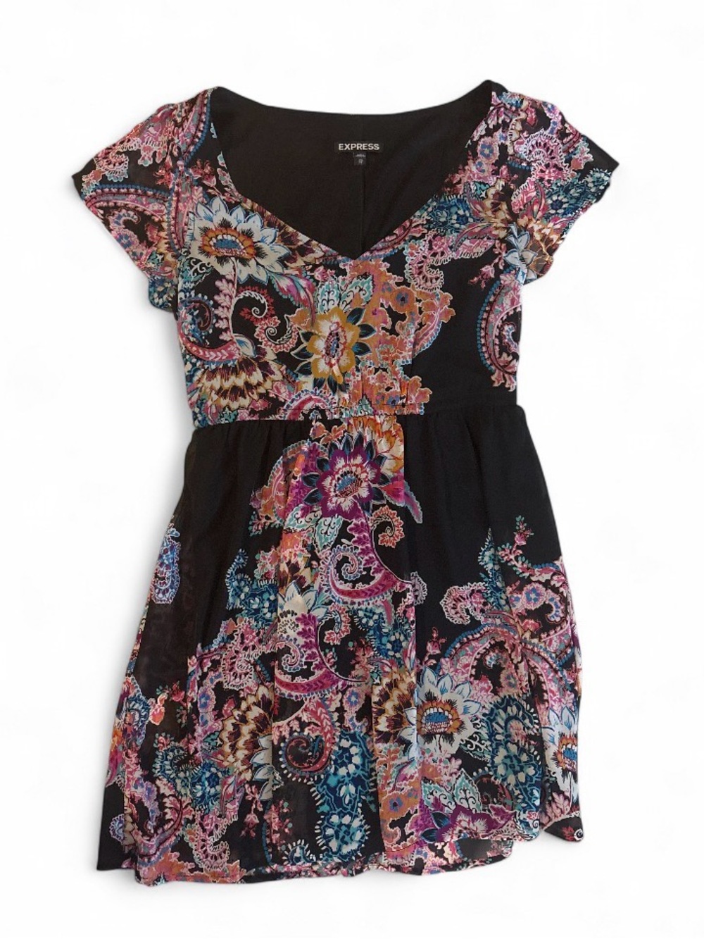 Express Black Floral Paisley Dress - Pink, Blue & Orange Print